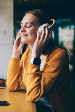 Elektronik kulaklıkla romantik müzik listesinden hoşlanan pozitif kadın meloman, kulaklıklı mutlu hippi kız modern laptopla kafede oturmuş romantik sesli kitap dinliyor.