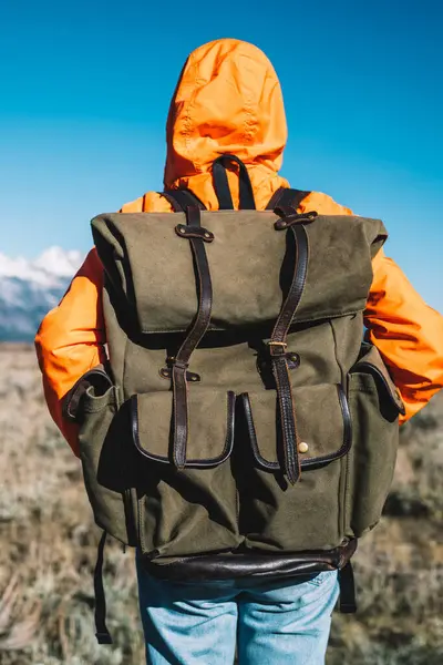 Geniş alanda karla kaplı dağlar ufukta, seyir tatil aktif olarak ABD'de yolculuk sırasında doğa ve çevre keşfetmek harcama hippi kız ayakta sırt çantası ile genç kadın Gezgin