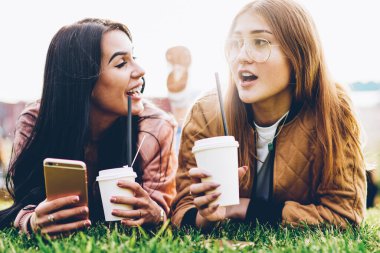 En iyi birbirleriyle iletişim kurmak ve içme kahve harcama boş zaman birlikte parkta çim üzerinde yalan arkadaşlar. Web sitesi açık havada oluşturma fikri tartışmaya el smartphone ile iki blogcular