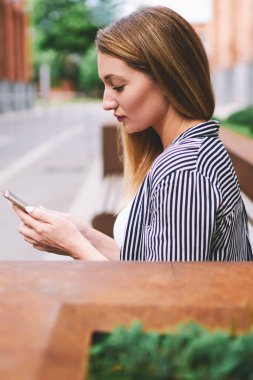 Çekici yeniyetme kız e-posta yazarken ve internet sitesinde cep telefonuyla bilgi ararken düşünceli trend bir kadın ünlü blogda hikayeler okurken boş zamanlarında modern telefon kullanıyor.