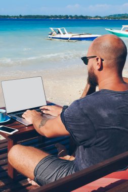 Arkadan görünüşü deniz kıyısında online profesyonel erkek serbest meslek sahibi netbook ile sahte kadar yaz yolculuk zevk ekran üzerinde klavye tatil sırasında çalışma dizüstü bilgisayar ile oturan genç adam