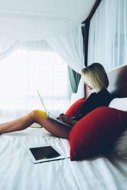 Dizüstü bilgisayarda çalışan yetenekli bir kadın iç mimari uzmanı, sosyal ağda blog yazmak için otel odalarında internet bağlantısı kuran hippi bir kız.