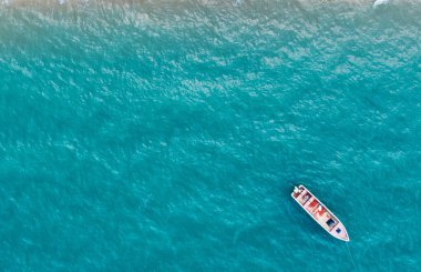 Turkuaz su dalgaları ve yeşil tropikal palmiyelerle dolu pitoresk kıyı şeridi manzarası. Hawaii kıyılarında teknesi olan cennet manzaralı bir sahil. Yaz tatili için gidilecek yer.