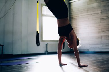 Sağlıklı, güçlü bir bayan atlet tek bacağını kaldırarak antrenman yapıyor. Stüdyoda beden eğitimi dersinde ellerin yerde dururken.
