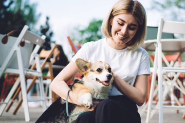 Neşeli ve mutlu bir kadın sokak kafesinin yanında oturuyor ve gülümsüyor. Küçük köpecik eğlenirken, başka tarafa bakarken.