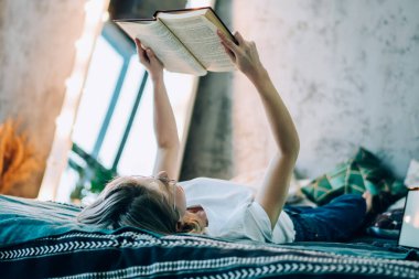 Rahat bir yatakta uzanan ve edebiyatla ilgilenen genç bir kadın. Çok satan popüler bir romancının edebiyat konusu. Bilgi eğitimi için boş zamanın tadını çıkaran, evde şiir okuyan zeki bir kadın.