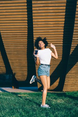 Açık havada cep telefonuyla elektronik aksesuar kullanan etkileyici esmer hippi kız. Parkta dinlenen kulaklıkla müzik çalan mutlu Afro-Amerikan kadın.