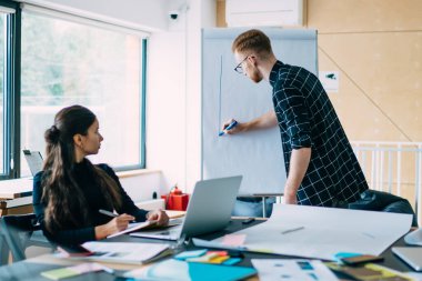 Erkek çalıştırıcı, akıllı öğrencilerle beyin fırtınası, çok kültürlü geliştirici işbirliği ve birlikte çalışma alanındaki başlangıç projesi detaylarını açıklamak için ters grafik üzerine bilgi çiziyor