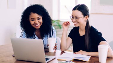 Masada oturup ödevlerini yaparken yemek fincanlarıyla gülümseyen ve çalışmak için laptoplarını karıştıran mutlu genç arkadaşlar.