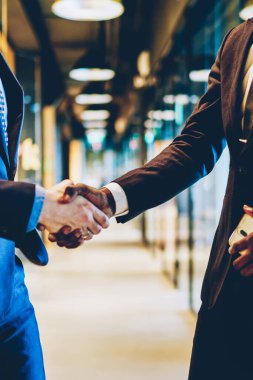 Güven işadamı tebrik Kurumsal ortak kırpılmış görünümü. İki meslektaşları ofis iç başarılı anlaşma ayakta sonra el sallayarak. Ortaklık toplantısı konsepti. Tebrik ve satın alma