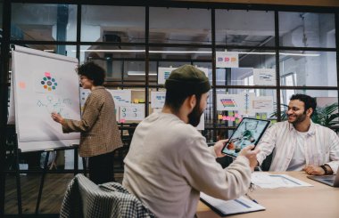 Gündelik giysiler içinde, masada oturup tablet inceleyen ve modern ofiste birlikte çalışırken çizimler yapan bir grup genç meslektaşım var.