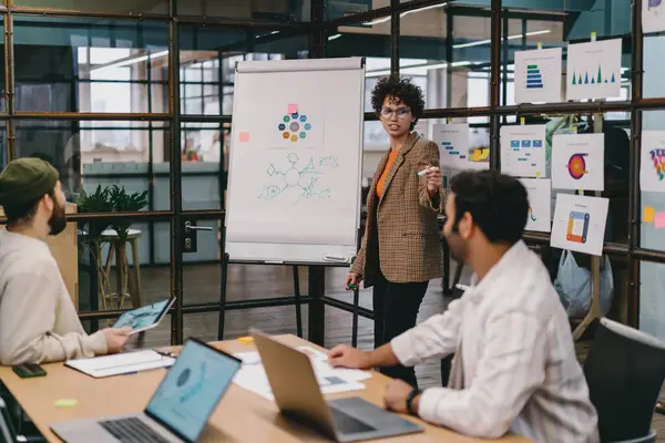 Genç, kendine güvenen bir kadın, iş arkadaşlarıyla, günlük kıyafetlerini giymiş, dizüstü bilgisayarla masaya oturmuş proje detaylarını tartışırken ve ofiste birlikte çalışırken çizelgeleri analiz ediyor.