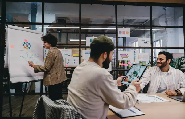 Gündelik giysiler içinde, masada oturup tablet inceleyen ve modern ofiste birlikte çalışırken çizimler yapan bir grup genç meslektaşım var.