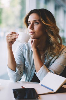Kahve molası kapalı sırasında kafeterya penceresine bakarak düşünceli kadın düşüncelere, çay bardağı ile oturan ve edebiyat dünyasında bir sonraki en çok satıcı için yeni fikirler hakkında düşünme düşündürücü kadın yazar