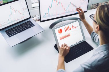 Bilgisayarlı ve tabletli çağdaş bir kadının masadaki çizelgelerle çalışan bilgisayar ekranını göstermesinden.