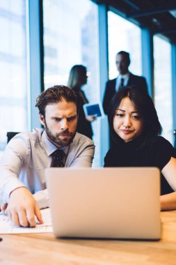 Beyin fırtınası, takım çalışması ve işbirliği konsepti sırasındaki finansal bilgileri dizüstü bilgisayardaki finansal web sitesinde analiz eden konsantre erkek ve kadın ofis çalışanları. Ekipte işbirliği yapan iki meslektaşım.