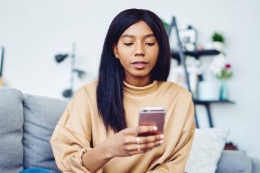 Koyu tenli hippi kız akıllı telefonuna yeni bir uygulama yüklerken boş zamanını evde, koltukta oturarak geçiriyor, düşünceli Afrikalı Amerikalı kadın internet sitesinde cep telefonuyla rezervasyon yapıyor.