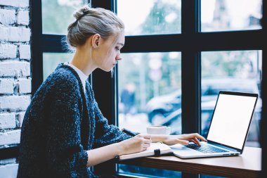 Pencere yakın tek başına oturma modern kahve dükkanı iç masada okurken genç sarışın saç kadın yan görünüm sahte ekran ile dizüstü bilgisayar kullanarak. Freelance üzerinde çalışan genç çağdaş kadın