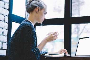 Pencere yakın tek başına oturma modern kahve dükkanı iç masada okurken genç sarışın saç kadın yan görünüm sahte ekran ile dizüstü bilgisayar kullanarak. Freelance üzerinde çalışan genç çağdaş kadın