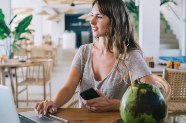 Kafkasyalı serbest çalışan kadın Endonezya tatillerinde internet üzerinden dağıtım olanaklarını kontrol ediyor. Kafeterya masasında dizüstü bilgisayar ve egzotik hindistancevizi için oturan çekici kadın.