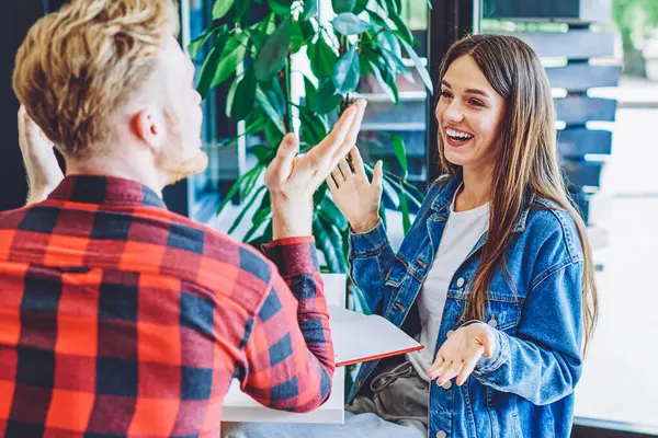 Mutlu gülümseyen arkadaşlar, boş zamanlarında kafenin içinde canlı iletişimin keyfini çıkarıyorlar, modaya uygun giyinmiş başarılı kadın ve erkek, proje fikirleri tartışıyor ve tanıtım alanında konuşuyorlar.
