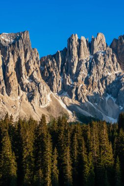 Etrafı kozalaklı ormanlarla çevrili Dolomitlerin resimli zirveleri. Manzaralı bir yer ve gündüz vakti ünlü turistik bir yer. İlkel nefes kesici doğa manzarası