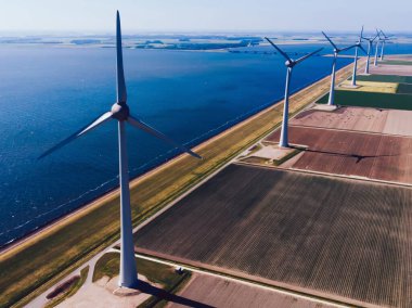Kuşlar rüzgar enerjisinden yeşil enerji kaynakları üreten yel değirmenleri istasyonunu tarımın engin alanlarında görüyorlar. Çayırlarda dönen türbinlerle alternatif elektrik üretimi