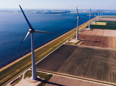 Kuşlar rüzgar enerjisinden yeşil enerji kaynakları üreten yel değirmenleri istasyonunu tarımın engin alanlarında görüyorlar. Çayırlarda dönen türbinlerle alternatif elektrik üretimi