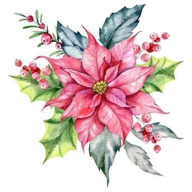 Poinsettia, Yeşillik ve Şekerli El Boyalı Suluboya Resimli Noel Kompozisyonu beyaza izole edildi