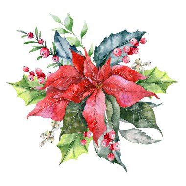 Poinsettia, Yeşillik ve Şekerli El Boyalı Suluboya Resimleriyle Noel Kompozisyonu