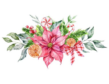 Poinsettia, Yeşillik ve Şekerli El Boyalı Suluboya Resimleriyle Noel Kompozisyonu