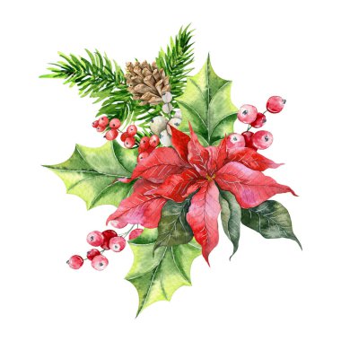 Poinsettia, Yeşillik ve Şekerli El Boyalı Suluboya Resimleriyle Noel Kompozisyonu