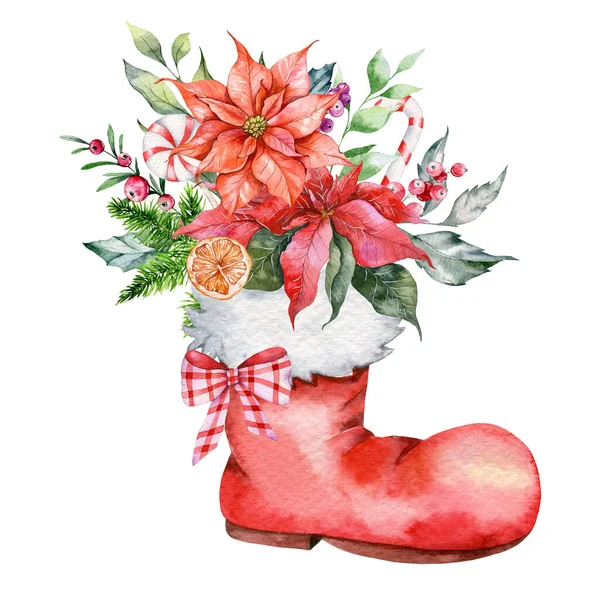 Santa Sokken Met Poinsettia Groen Snoep Hand Geschilderd Aquarel Illustratie — Stockfoto