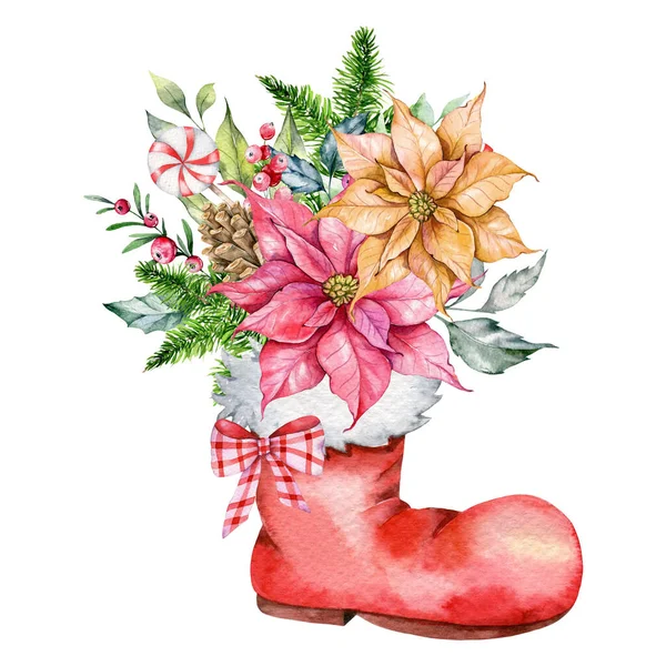 Santa Sokken Met Poinsettia Groen Snoep Hand Geschilderd Aquarel Illustratie — Stockfoto