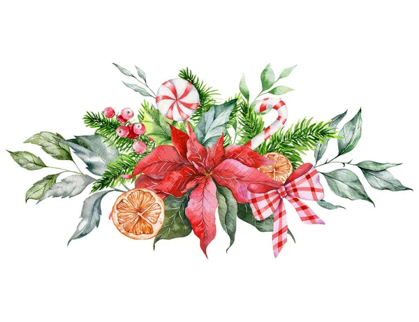 Kerst Samenstelling Met Poinsettia Groen Snoep Hand Geschilderd Aquarel Illustratie — Stockfoto