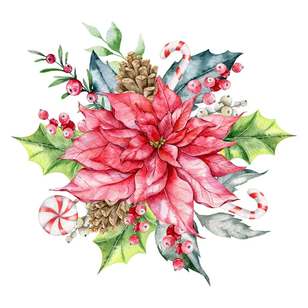 Kompozycja Bożego Narodzenia Poinsettia Zieleń Słodycze Ręcznie Malowane Ilustracja Akwarela — Zdjęcie stockowe
