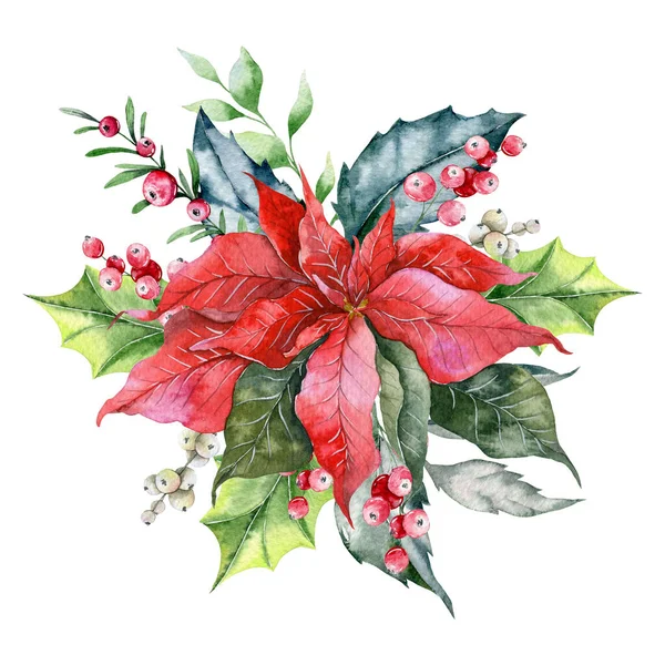 Різдвяна Композиція Poinsettia Greenery Sweets Hand Painted Watercolor Illustration — стокове фото