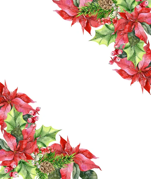 Kerst Frame Met Poinsettia Groen Snoep Hand Geschilderd Aquarel Illustratie — Stockfoto