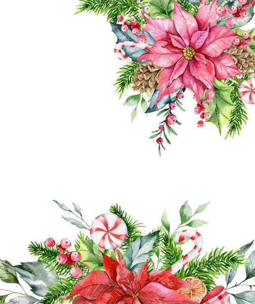 ポワセティアとクリスマスフレーム 緑とお菓子手描き水彩イラスト 花のフレーム白の背景に隔離された水彩 — ストック写真