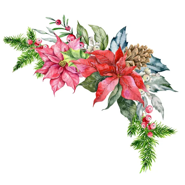 Boże Narodzenie Kompozycja Poinsettia Zieleń Słodycze Ręcznie Malowane Ilustracja Akwarela — Zdjęcie stockowe