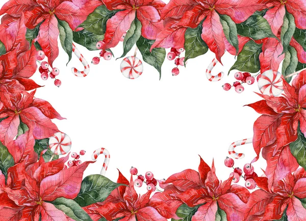 ポワセティアとクリスマスフレーム 緑とお菓子手描き水彩イラスト 花のフレーム白の背景に隔離された水彩 — ストック写真