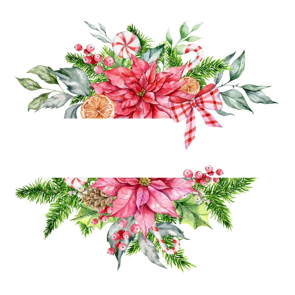 圣诞镜框 白色底色独立的盆景 绿叶和糖果手绘水彩画 花卉镜框水彩画 — 图库照片