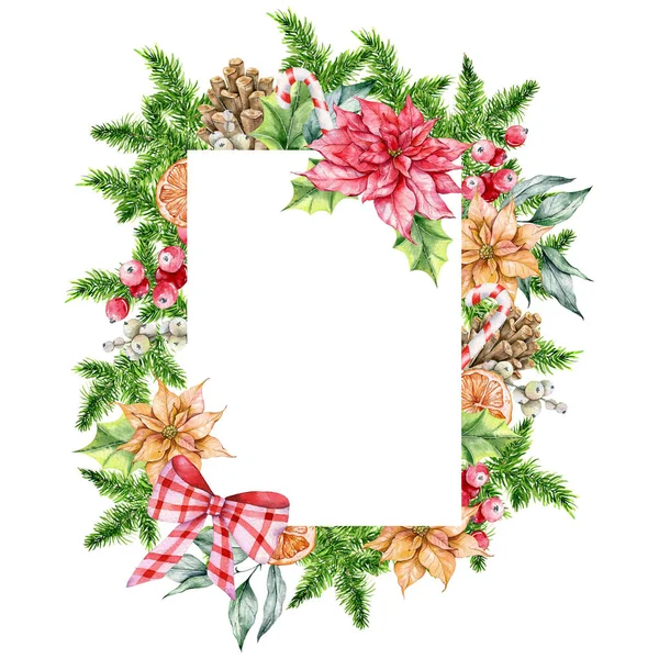 Kerst Frame Met Poinsettia Groen Snoep Hand Geschilderd Aquarel Illustratie — Stockfoto