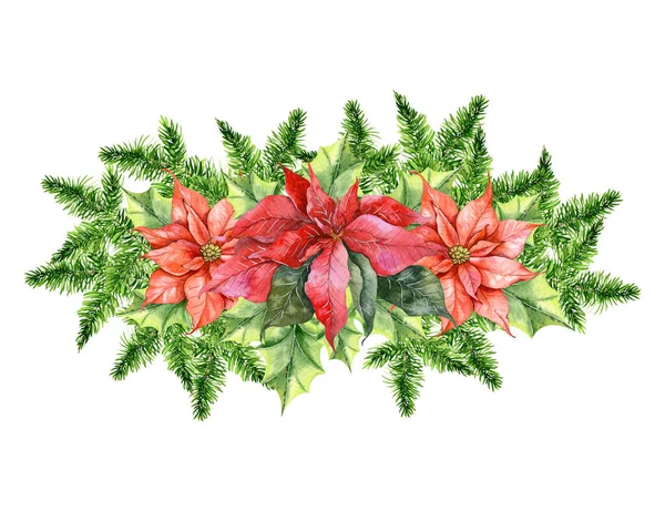Christmas Composition Poinsettia Greenery Sweets Hand Painted Watercolor Illustration — Stock Photo, Image