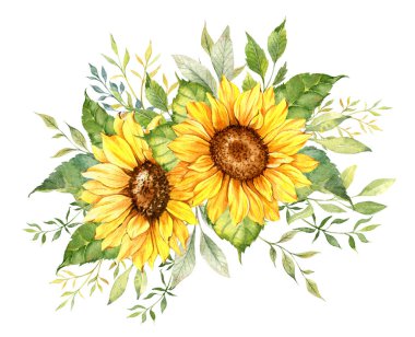 Watercolor sunflowers bouquet, hand painted sunflower bouquets, sunfower flower arrangement. Wedding invitation clipart elements. Watercolor floral. Botanical Drawing
