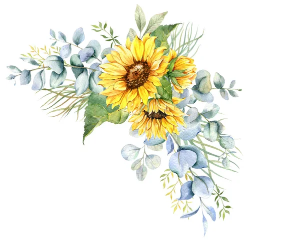 Watercolor sunflowers bouquet, hand painted sunflower bouquets, sunfower flower arrangement. Wedding invitation clipart elements. Watercolor floral. Botanical Drawing