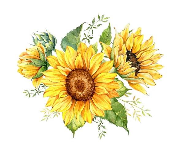 Watercolor sunflowers bouquet, hand painted sunflower bouquets, sunfower flower arrangement. Wedding invitation clipart elements. Watercolor floral. Botanical Drawing