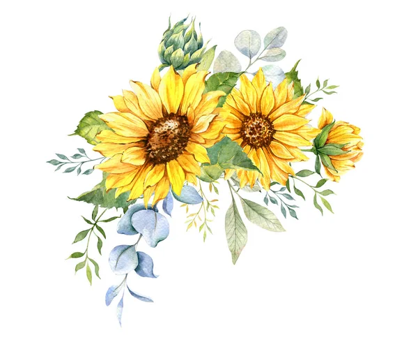 Watercolor Sunflowers Bouquet Hand Painted Sunflower Bouquets Sunfower Flower Arrangement — Foto de Stock