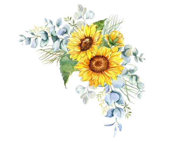 Watercolor Sunflowers Bouquet Hand Painted Sunflower Bouquets Sunfower Flower Arrangement — Fotografia de Stock
