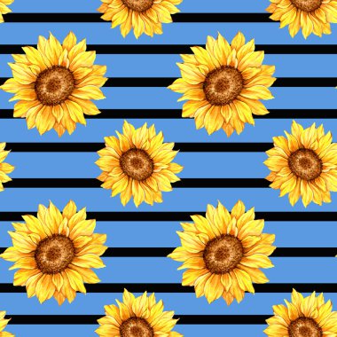 Suluboya Ayçiçeği Arkaplanı, Ayçiçeği Kusursuz desenli El Boyalı Sulu Ayçiçeği ve Yeşillik